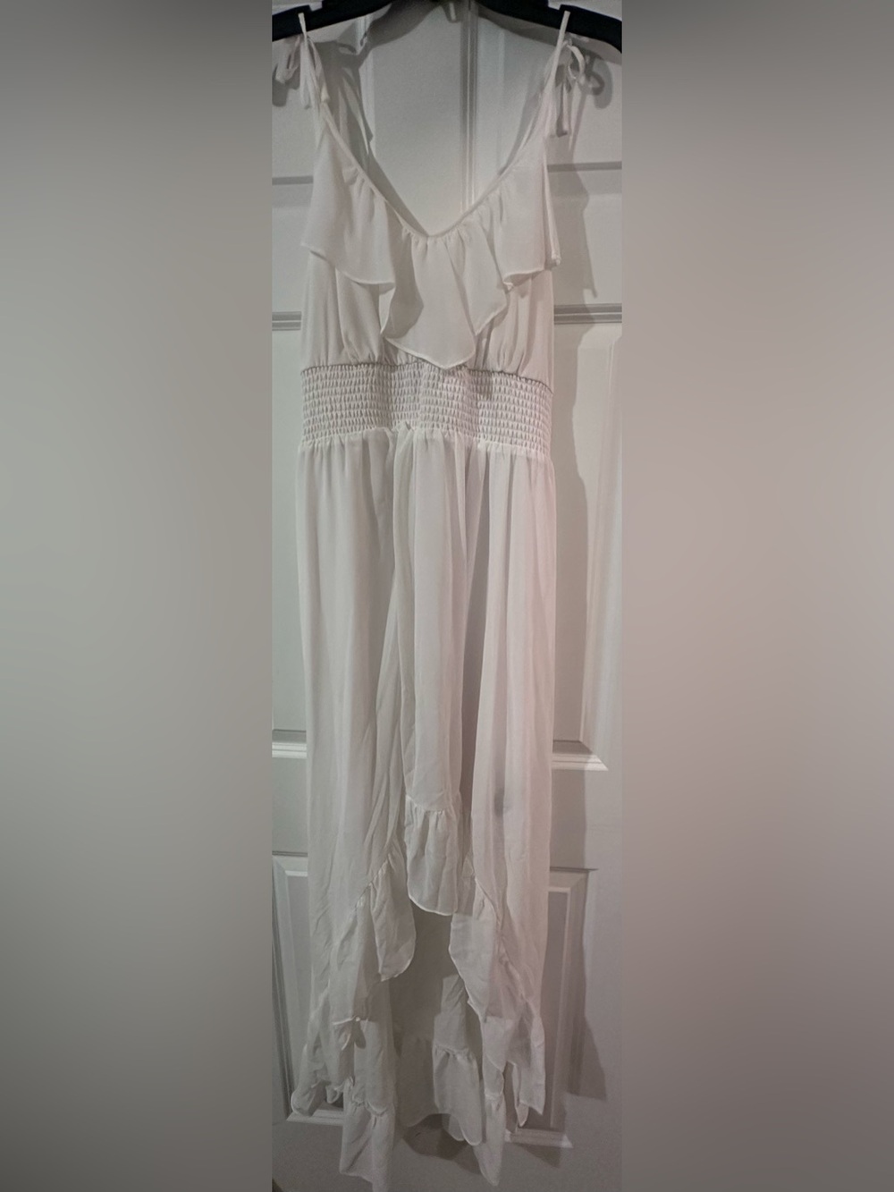 Guess White Ruffle Maxi Dress with Smocked Waist